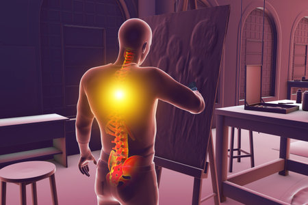 Professional musculoskeletal disorders in artists. Man artist with highlighted skeleton is painting on canvas in studio and having back pain, 3D illustration.の写真素材