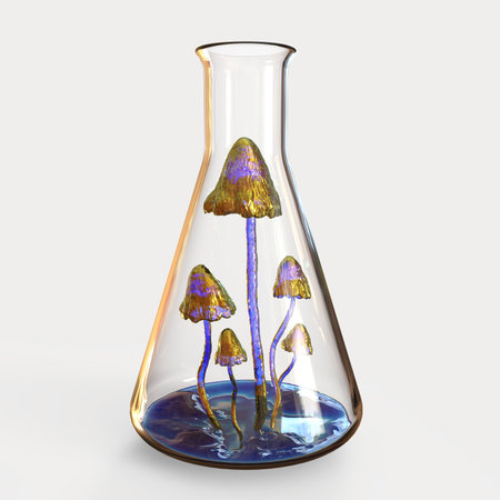 Mushrooms growing in laboratory. Science and biotechnology concept. Biology experiment. 3D...
