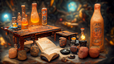 Alchemist worktable. Wizard laboratory, chemical tubes and flasks of different shape and color, scrolls, ai illustrationの写真素材