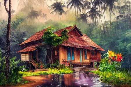 Wooden house in tropical forest under rain, digital illustration in watercolor style.の素材