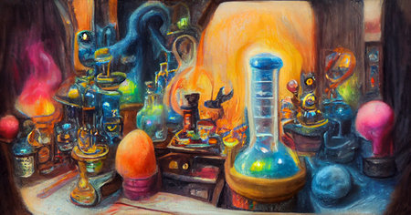 Wizard laboratory, chemical tubes and flasks of different shape and color, ai illustrationの素材