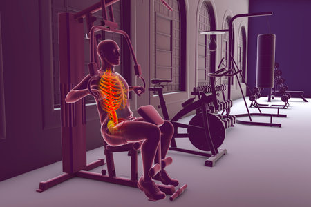 Man with highlighted skeleton training on hammer strength macine in a gym, anatomical 3D illustration. Indoor sport activityの写真素材