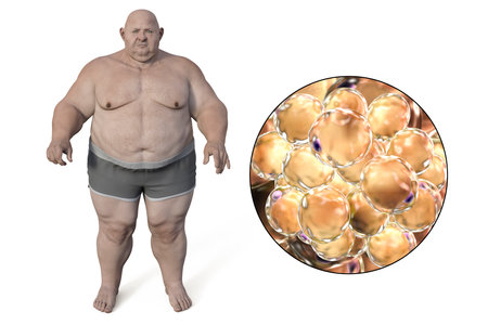 Obese man and close-up view of fat cells, adipocytes, 3D illustration. Concept of obesity, behavioral problem, psychiatric condition, binge eating disorder, food addictionの写真素材