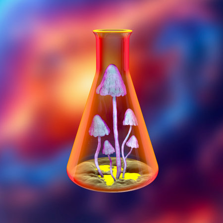 Mushrooms growing in laboratory. Science and biotechnology concept. Biology experiment. 3D illustration.の写真素材