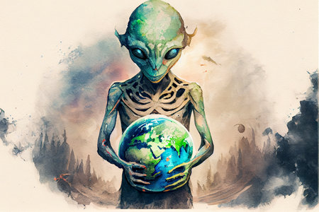 Humanoid alien and the Earth planet, conceptual illustration. Earth health and ecology concept.の写真素材