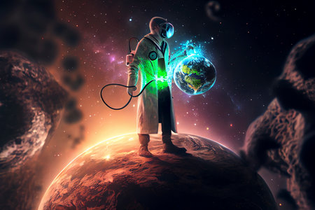 Humanoid alien and the Earth planet, conceptual illustration. Earth health and ecology concept.の写真素材