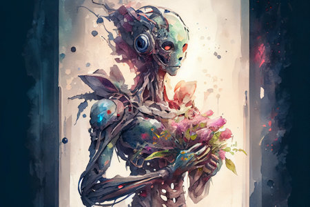 Humanoid alien holding bouquet of beautiful flowers, illustration.の写真素材
