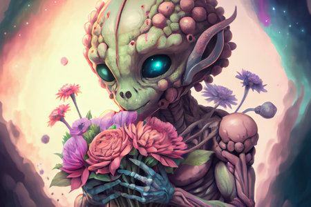 Humanoid alien holding bouquet of beautiful flowers, illustration.の写真素材