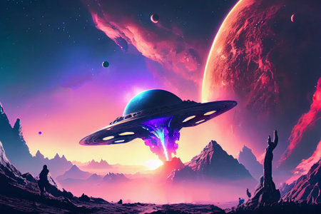 Alien planet with ufo spaceship, illustration