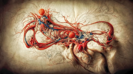 Interaction between microbes and human tissues, conceptual illustration in the Renaissance anatomy...