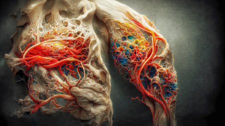 Interaction between microbes and human tissues, conceptual illustration in the Renaissance anatomy manuscript styleの写真素材