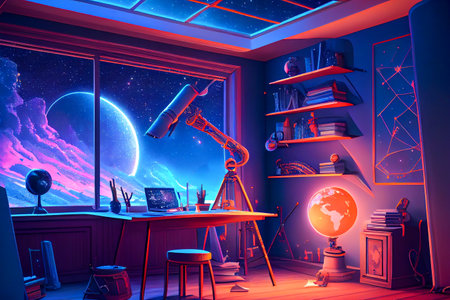 Fantasy astronomer workplace with planets and different sci-fi devices, illustration