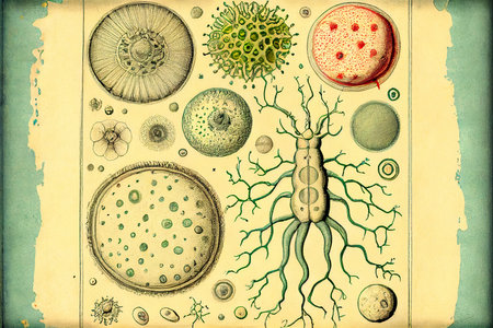 Drawings of microbes in antique book with annotations on an abstract language, digital illustration.