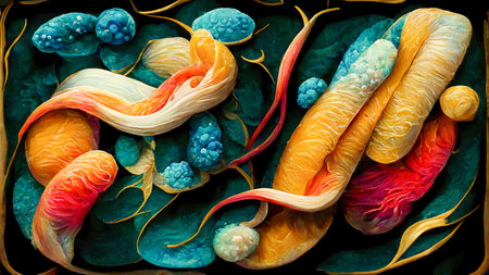 Drawings of microbes in antique book, digital illustration in old book style.
