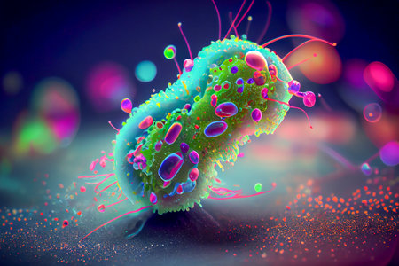 Beautiful microworld, bacterial cell with flagella, illustration in 3D style.の写真素材