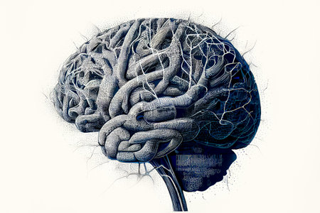 Anatomical model of human brain, digital illustration in vintage hand drawing style