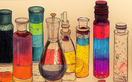 Chemical laboratory, chemical tubes and flasks of different shape and color, digital illustration in...