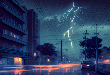 Dark dramatic stormy night sky with lightning bolts over city under rain. Flashes of light from...
