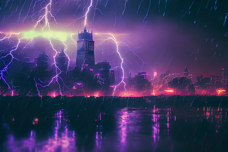 Dark dramatic stormy night sky with lightning bolts over city under rain. Flashes of light from...