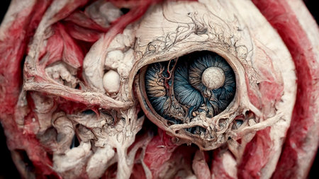 Dermoid cyst, or teratoma, a tumor that contains diverse solid tissues, skin, teeth, hair, blood, bone, and other. An old anatomy textbook style, illustrationの写真素材