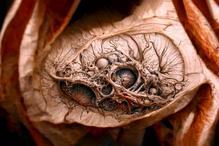Dermoid cyst, or teratoma, a tumor that contains diverse solid tissues, skin, teeth, hair, blood,...