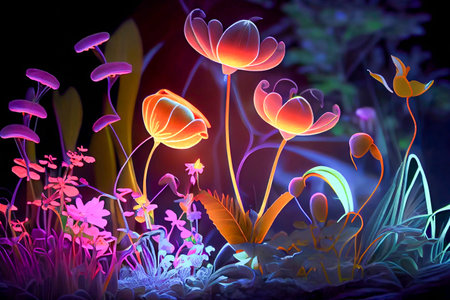 Fantasy floral background with beautiful flowers, illustration. Magic flower gardenの写真素材