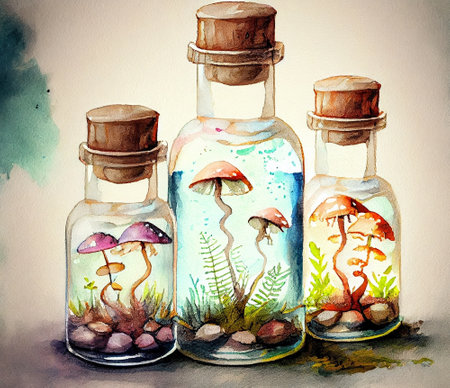Science and biotechnology concept. Growing of mushrooms in laboratory. Biology experiment, illustration.の写真素材