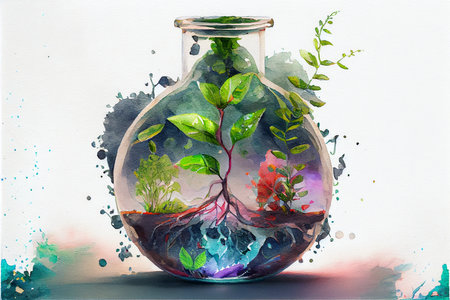 Science and biotechnology concept. Growing of plant in laboratory. Biology experiment, illustration.の写真素材