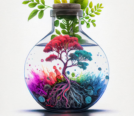 Science and biotechnology concept. Growing of plant in laboratory. Biology experiment, illustration.の写真素材