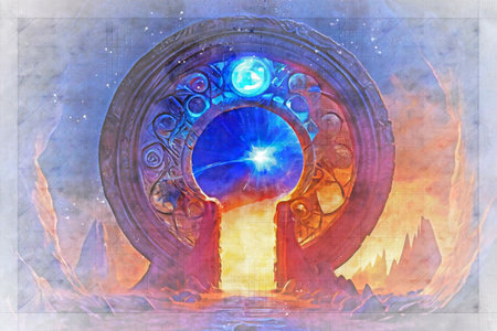 Time portal, travel through time, conceptual sci-fi illustration. Sketch of scientific project of...