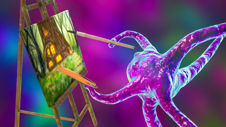 Neuronal cell paints a picture, conceptual 3D illustration. Concept of artificial intelligence in...
