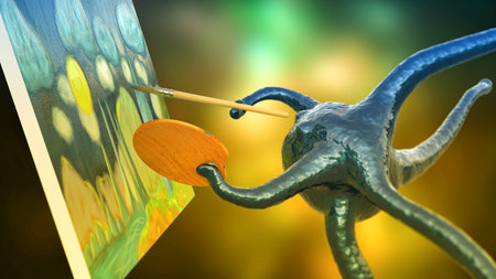 Neuronal cell paints a picture, conceptual 3D illustration. Concept of artificial intelligence in artの写真素材