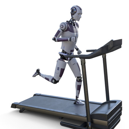 Humanoid robot running on a treadmill, 3D illustration. Artificial intelligence in sport. Future of technologyの写真素材