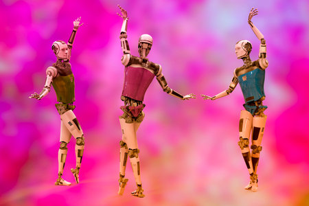 Robot ballet dancers, 3D illustration. Dancing humanoid robot
