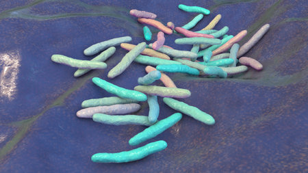 Mycobacterium ulcerans, 3D illustration. The causative agent of Buruli ulcer, a chronic debilitating disease affecting skin and subcutaneous tissues found mainly in tropical and subtropical countriesの写真素材
