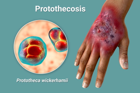 Protothecosis infection on human hand and close-up view of Prototheca wickerhamii green algae, the...