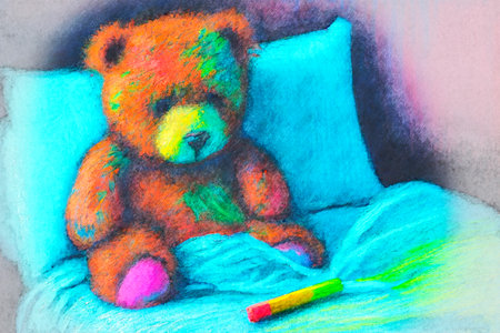 Upset sick teddy bear in bed, digital illustration in sketch styleの写真素材