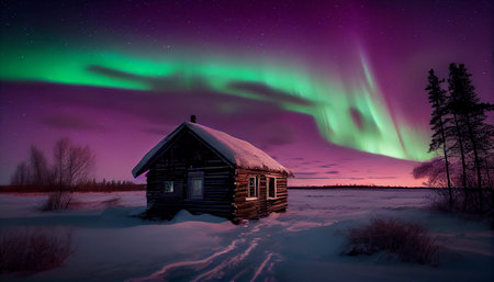 Multicolored northern lights (Aurora borealis) in the sky over a small wooden house with snowy landscape, photorealistic generative ai illustrationの素材