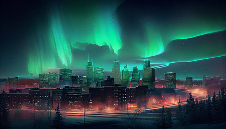 Multicolored northern lights (Aurora borealis) in the sky over a Nothern city, photorealistic generative ai illustrationの素材