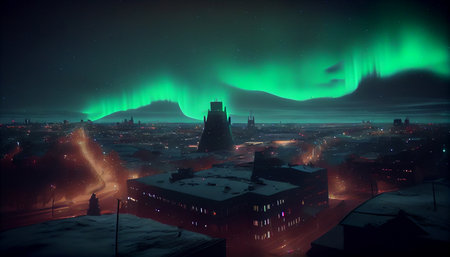 Multicolored northern lights (Aurora borealis) in the sky over a Nothern city, photorealistic generative ai illustrationの素材
