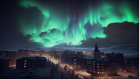 Multicolored northern lights (Aurora borealis) in the sky over a Nothern city, photorealistic generative ai illustrationの素材