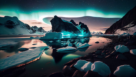 Multicolored northern lights (Aurora borealis) in the night sky over a snowy and water landscape, photorealistic generative ai illustrationの素材