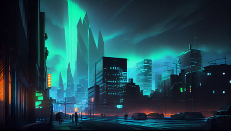 Multicolored northern lights (Aurora borealis) in the sky over a Nothern city, photorealistic generative ai illustrationの素材