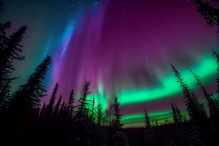 Multicolored northern lights (Aurora borealis) in the sky over a forest, photorealistic generative ai illustrationの素材