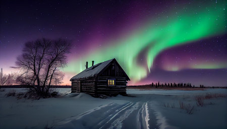 Multicolored northern lights (Aurora borealis) in the sky over a small wooden house with snowy landscape, photorealistic generative ai illustrationの素材