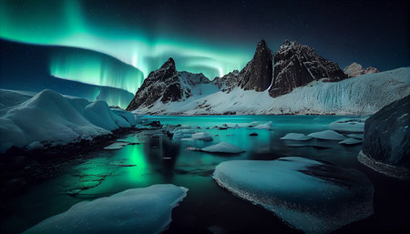 Multicolored northern lights (Aurora borealis) in the night sky over a snowy and water landscape, photorealistic generative ai illustrationの素材