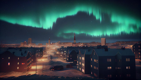 Multicolored northern lights (Aurora borealis) in the sky over a Nothern city, photorealistic generative ai illustrationの素材