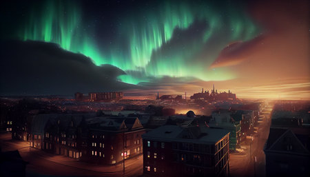 Multicolored northern lights (Aurora borealis) in the sky over a Nothern city, photorealistic generative ai illustrationの素材