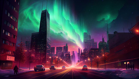 Multicolored northern lights (Aurora borealis) in the sky over a Nothern city, photorealistic generative ai illustrationの素材