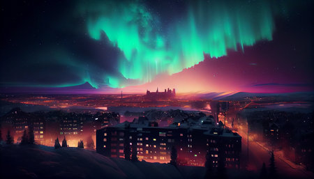 Multicolored northern lights (Aurora borealis) in the sky over a Nothern city, photorealistic generative ai illustrationの素材
